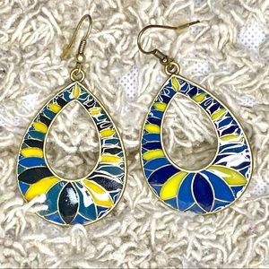 PAINTED ENAMEL TEARDROP DANGLE HOOK EARRINGS BRASS ART DECO HIPPIE FESTIVAL